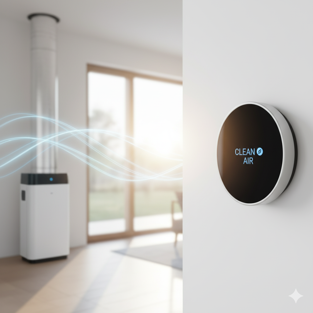 Air purifier with wall-mounted control panel showing 