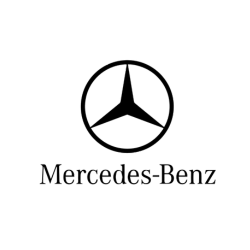 Un logotipo en blanco y negro para Mercedes Benz sobre un fondo blanco.