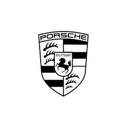 El logotipo de Porsche es blanco y negro y tiene un caballo encima.
