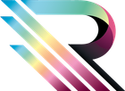 Stilisiertes, mehrfarbiges „R“-Logo mit diagonalen Streifen in Türkis, Gelb, Rosa und Schwarz