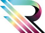Farbiges Logo mit dem Buchstaben R und diagonalen Streifen auf weißem Hintergrund