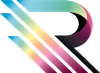Stilisiertes, mehrfarbiges, abstraktes „R“-Logo mit Farbverlaufsstreifen auf weißem Hintergrund