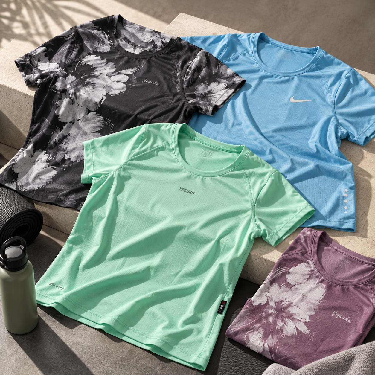 Cuatro camisetas deportivas negras, azules, verdes y moradas extendidas en el suelo, con una botella de agua cerca.