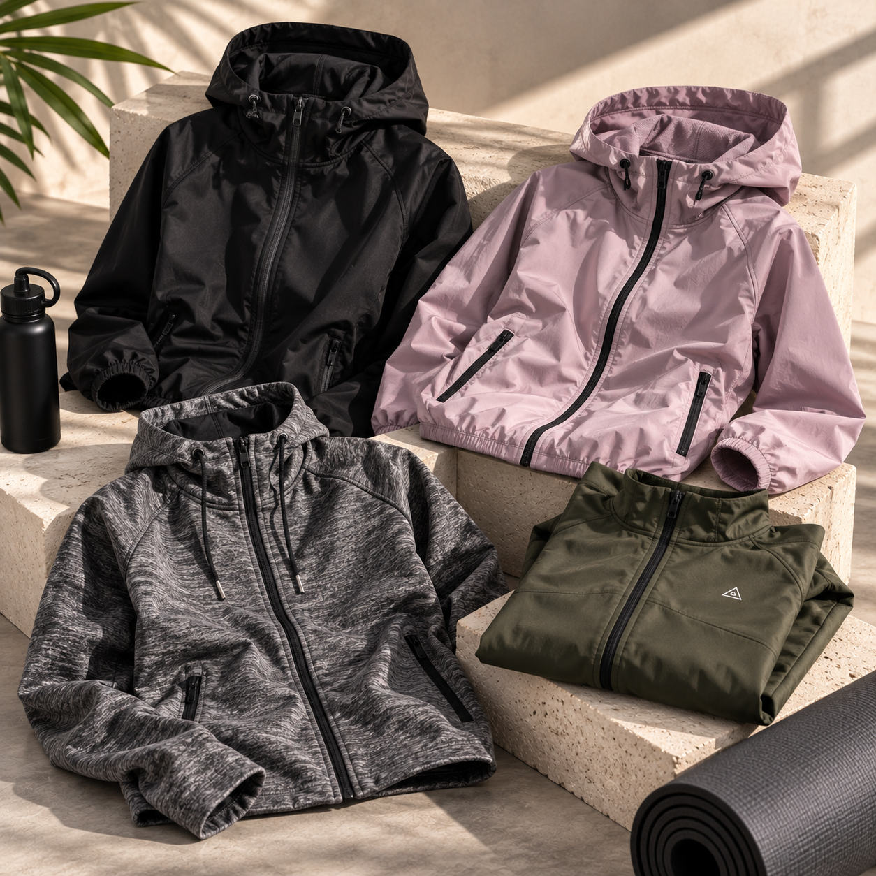 Cuatro chaquetas con capucha en negro, malva, gris y verde oliva dispuestas sobre una superficie clara.