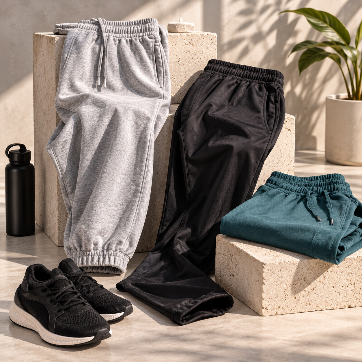 Pantalones deportivos en gris, negro y verde azulado, con zapatillas negras, en un estudio de tonos neutros