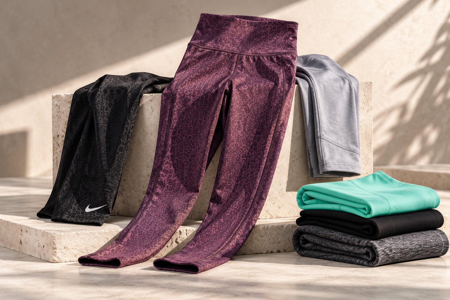 Leggings deportivos sobre un banco de cemento, con ropa de entrenamiento doblada al lado