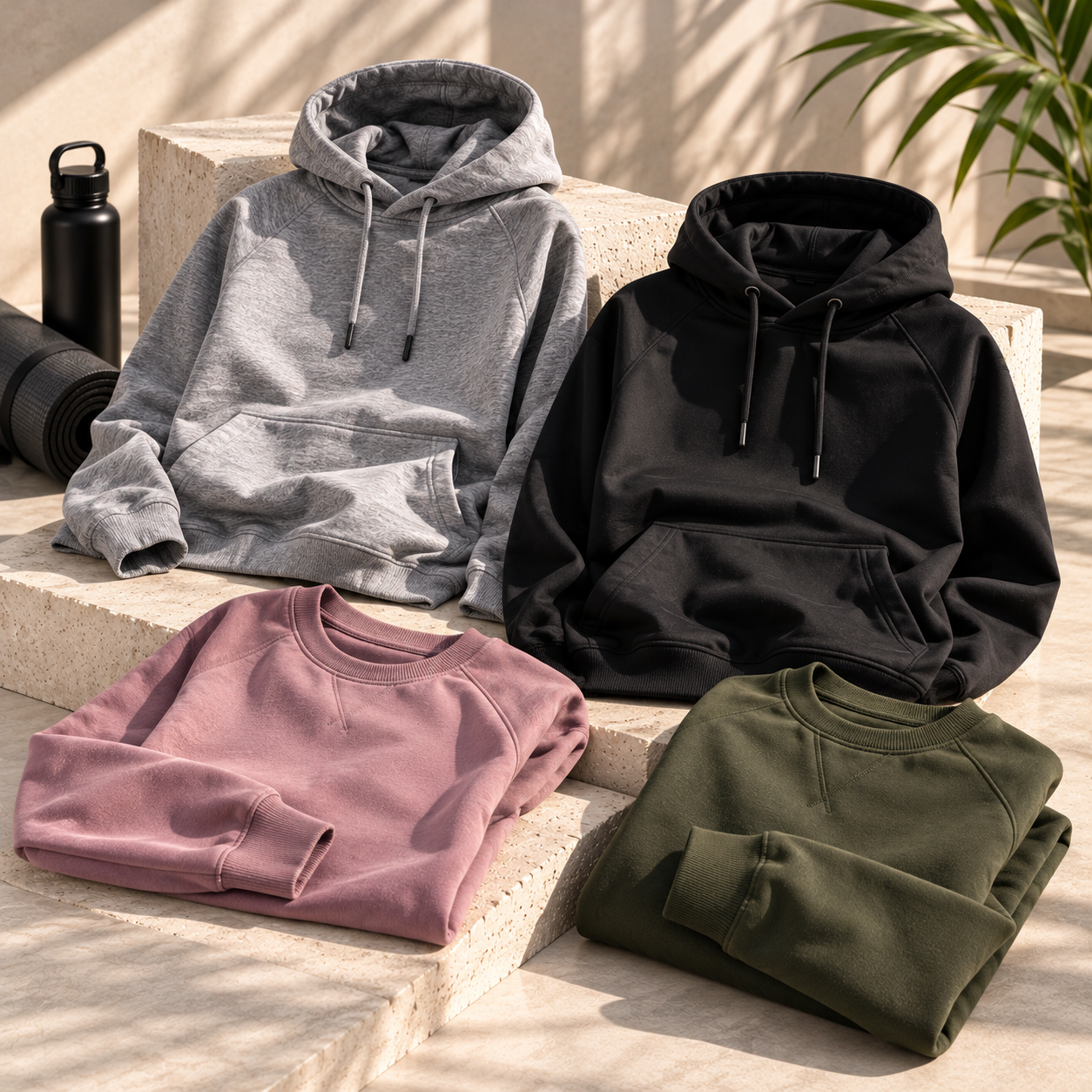 Sudaderas con capucha dobladas en gris, negro, rosa y verde oliva sobre una superficie iluminada por el sol