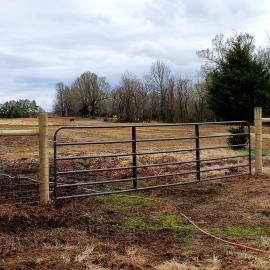 Metal gate in a rural field under a cloudy sky, with bare trees in the background.