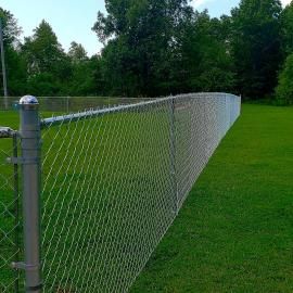 Chain-link fence bordering a green lawn with trees in the background