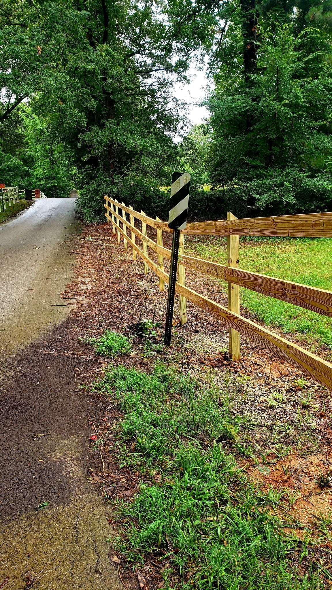 Wet country road beside a wooden fence and leafy green trees on a rainy day