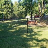 Grassy yard with chain-link fence, trees, and a brick planter in sunlight