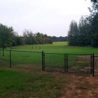 Fenced grassy field with trees under a cloudy sky