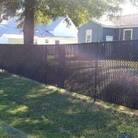 Backyard with a dark privacy fence, large tree, and blue house in sunlight
