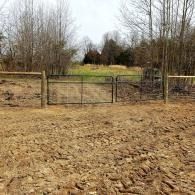 Dirt yard with a metal gate and leafless trees in the background