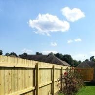 Wooden backyard fence under a blue sky with clouds, with a bush and rooftops in the background