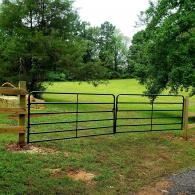 Black metal gate across a grassy field with trees in the background