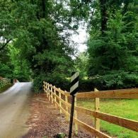 Winding rural road beside a wooden fence and a black-and-white signpost in a leafy green forest.