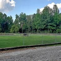 Chain-link fence around a grassy field with trees and a cloudy sky in the background