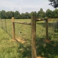 Wooden fence posts and wire fencing around a grassy field with trees in the background