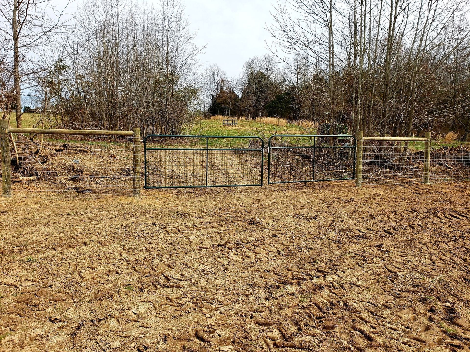 Mud field with a wire fence and leafless trees under an overcast sky