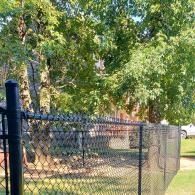 Black chain-link fence along a grassy yard with large trees in the background