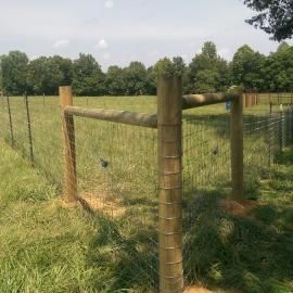 Wooden fence posts and wire mesh around a grassy field with trees in the background