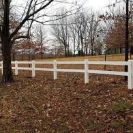 White fence along a leaf-covered park under bare winter trees
