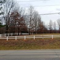 White fence along a grassy roadside with bare trees under an overcast sky