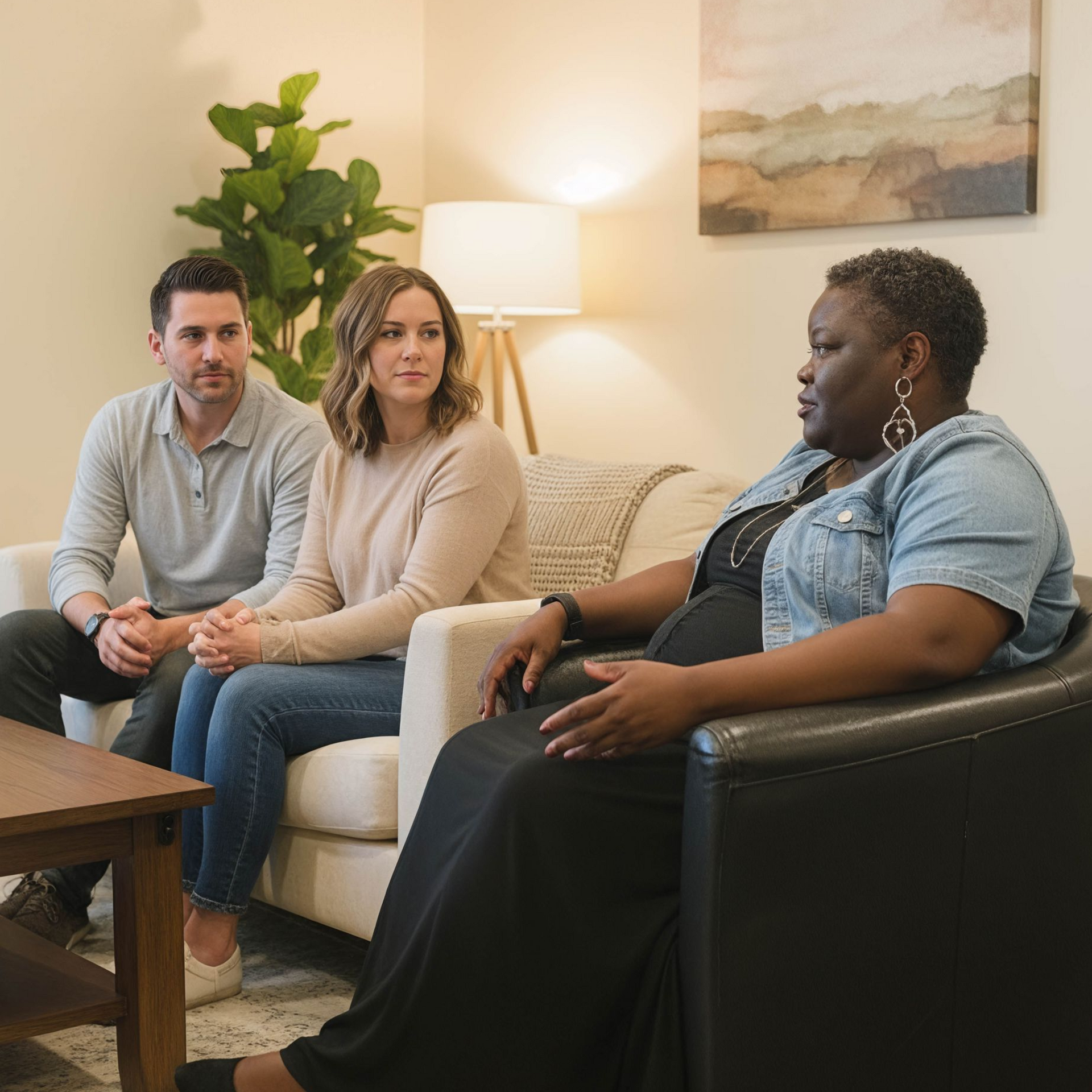 People in a group therapy session, two women hug, others clap.