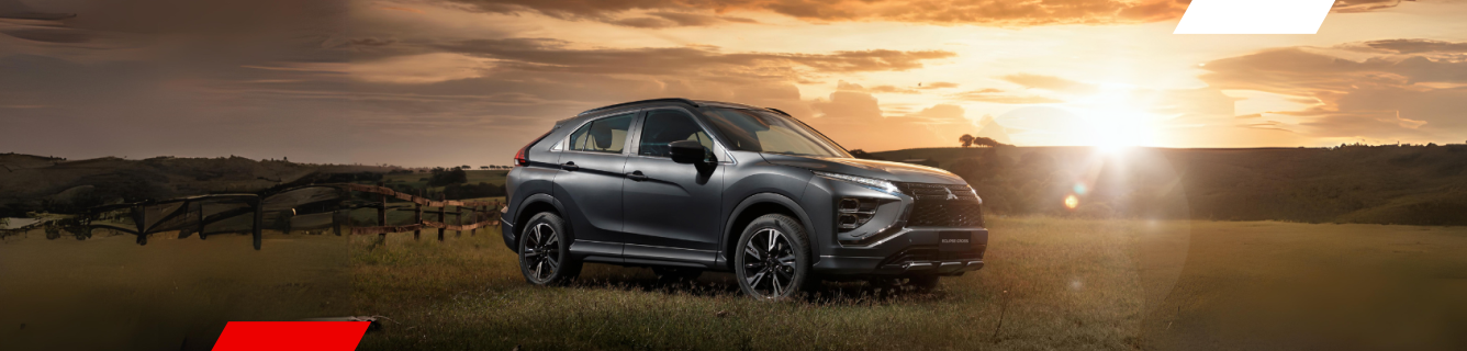 SUV cinza-escuro estacionado em um campo gramado, com o pôr do sol ao fundo.
