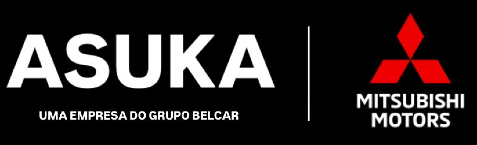 Logotipo da ASUKA, uma empresa da Mitsubishi Motors, com texto em branco sobre fundo preto, logotipo
