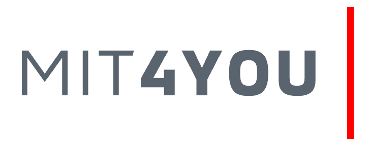 Logotipo MIT4YOU com texto cinza e uma linha vermelha vertical à direita.