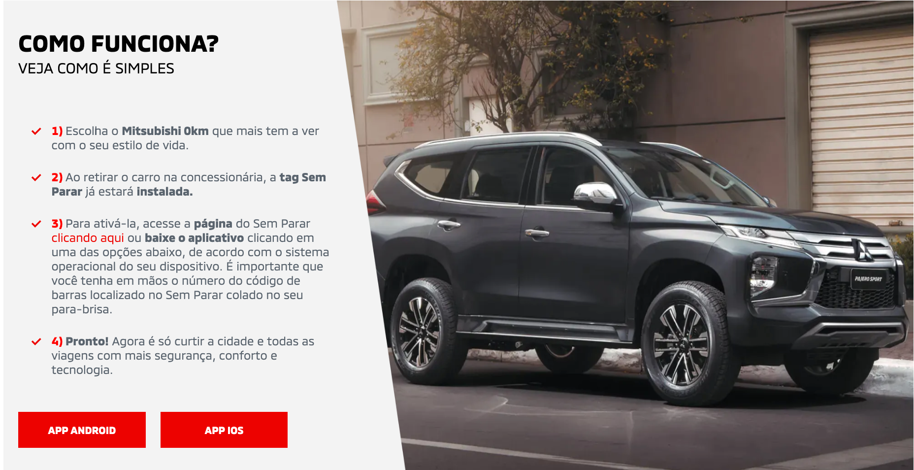 SUV Mitsubishi cinza ao lado de um texto que descreve o funcionamento de um programa. Botões vermelhos visíveis.