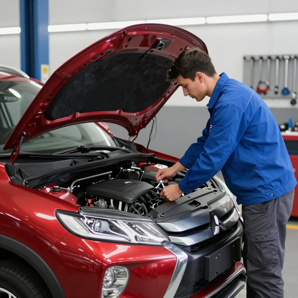 Mechanic in blue coveralls inspecting a red car’s engine with hood open in a garage