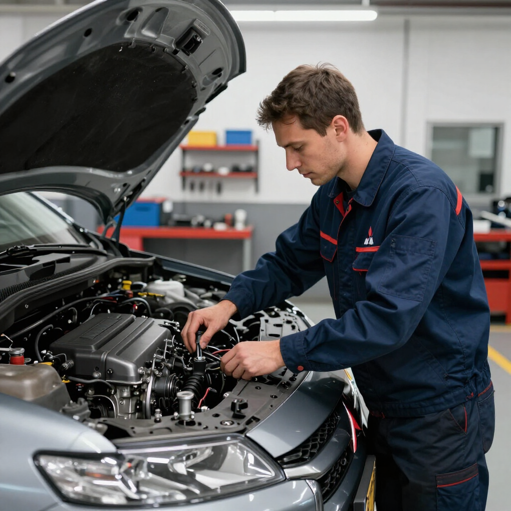 Mechanic working under the hood of a car in an auto repair shop