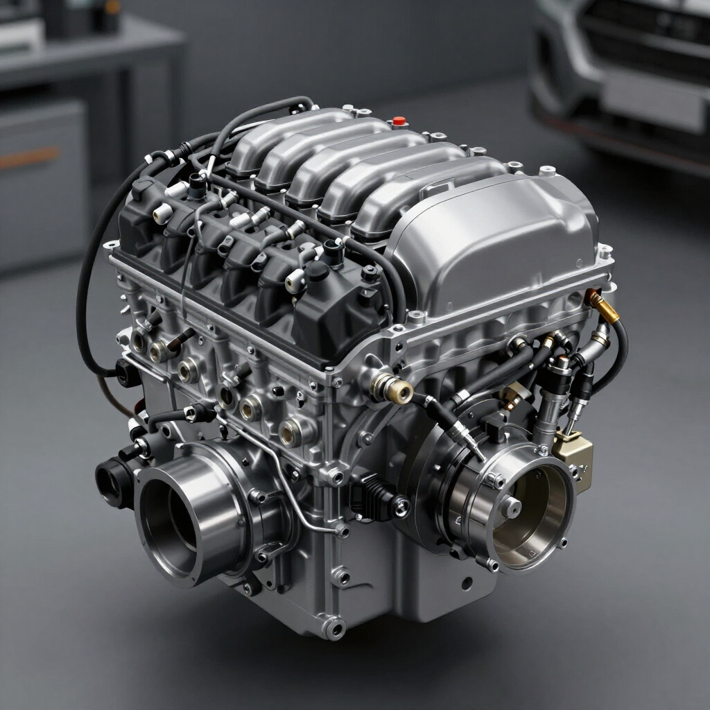 Silver car engine on a gray background, shown in a three-quarter view.