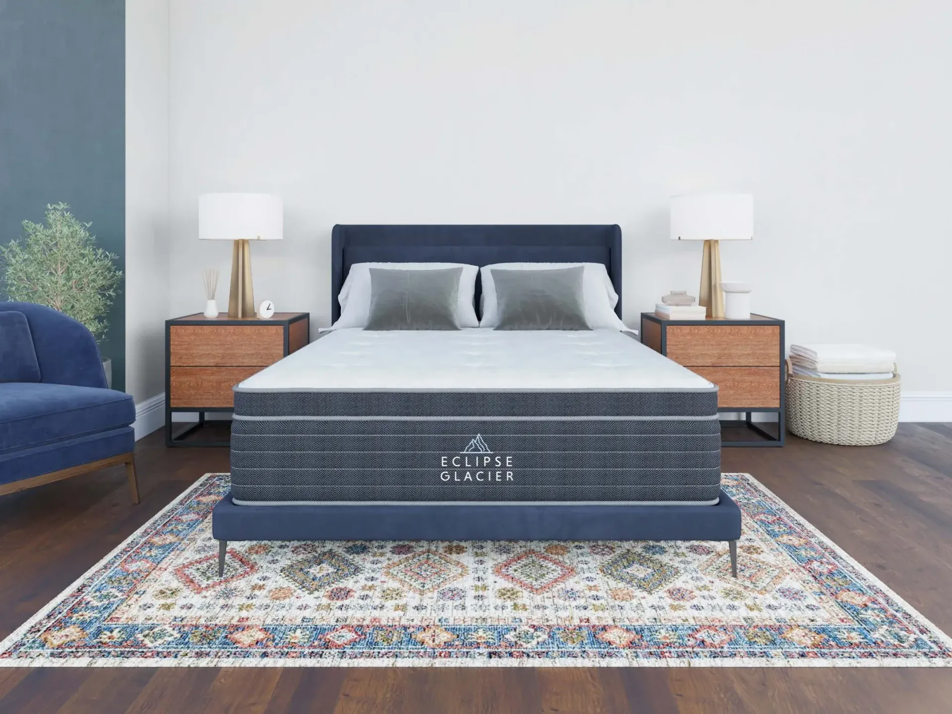 A bed is sitting on top of a rug in a bedroom.