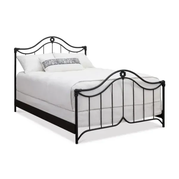 A black metal bed frame with white sheets and pillows on a white background.