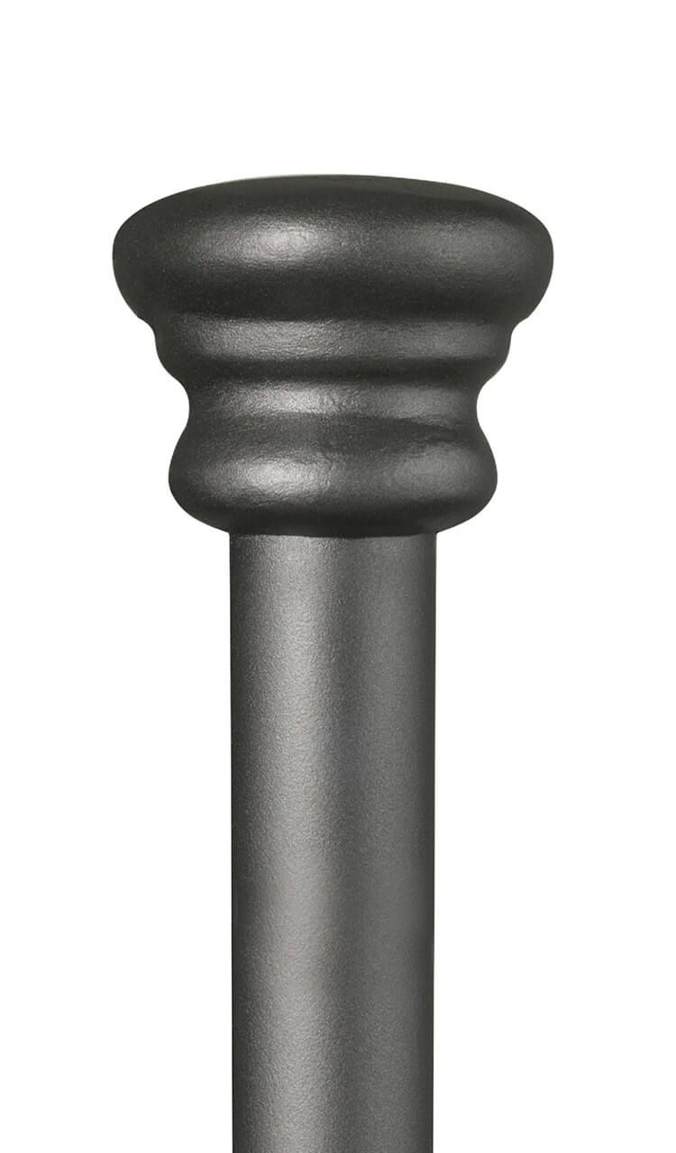 A close up of a black pole with a round top on a white background.