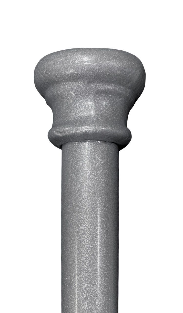 A close up of a metal pole with a top on a white background.