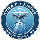 Blue circular logo with a drone above a glass building, reading “STRATO SHINE DRONE EXTERIOR CLEANING”