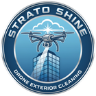 Blue circular logo with a drone above a glass building, reading “STRATO SHINE DRONE EXTERIOR CLEANING”