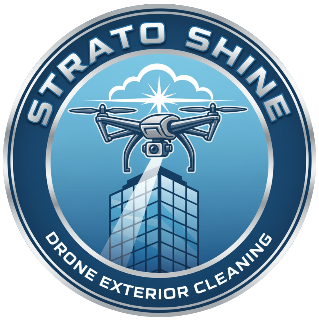 Blue circular logo with a drone above a glass building, reading “STRATO SHINE DRONE EXTERIOR CLEANING”