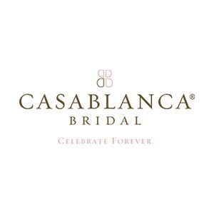Casablanca Bridal logo with gold text and pink “Celebrate Forever” tagline on white background