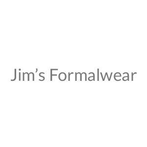 Jim’s Formalwear logo in gray text on a white background
