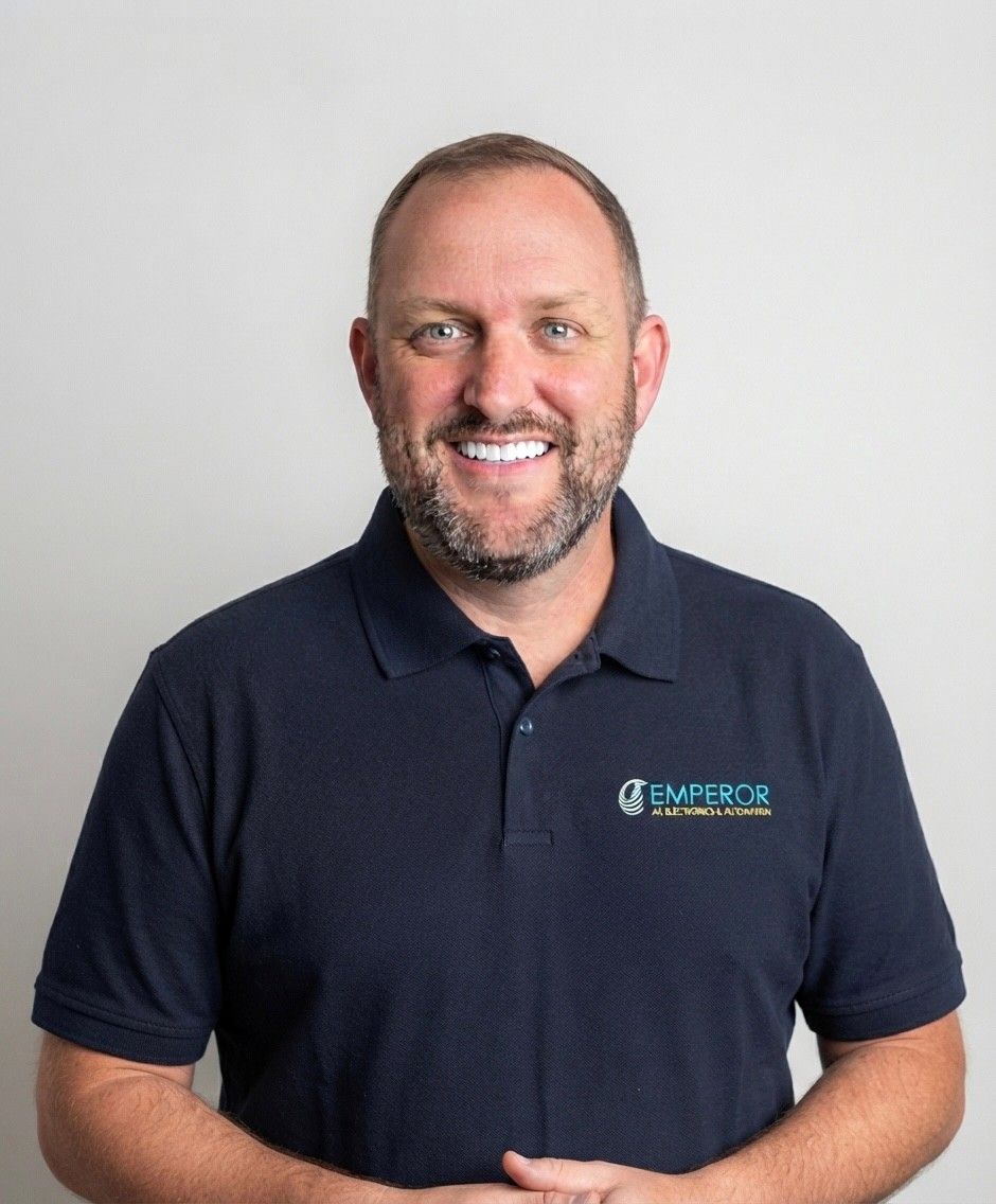 Man with brown hair, beard, smiling, wearing black and blue polo shirt.