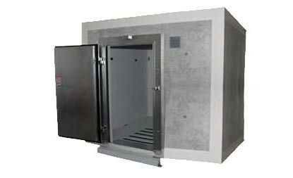 Gray industrial walk-in freezer with an open black door on a concrete floor