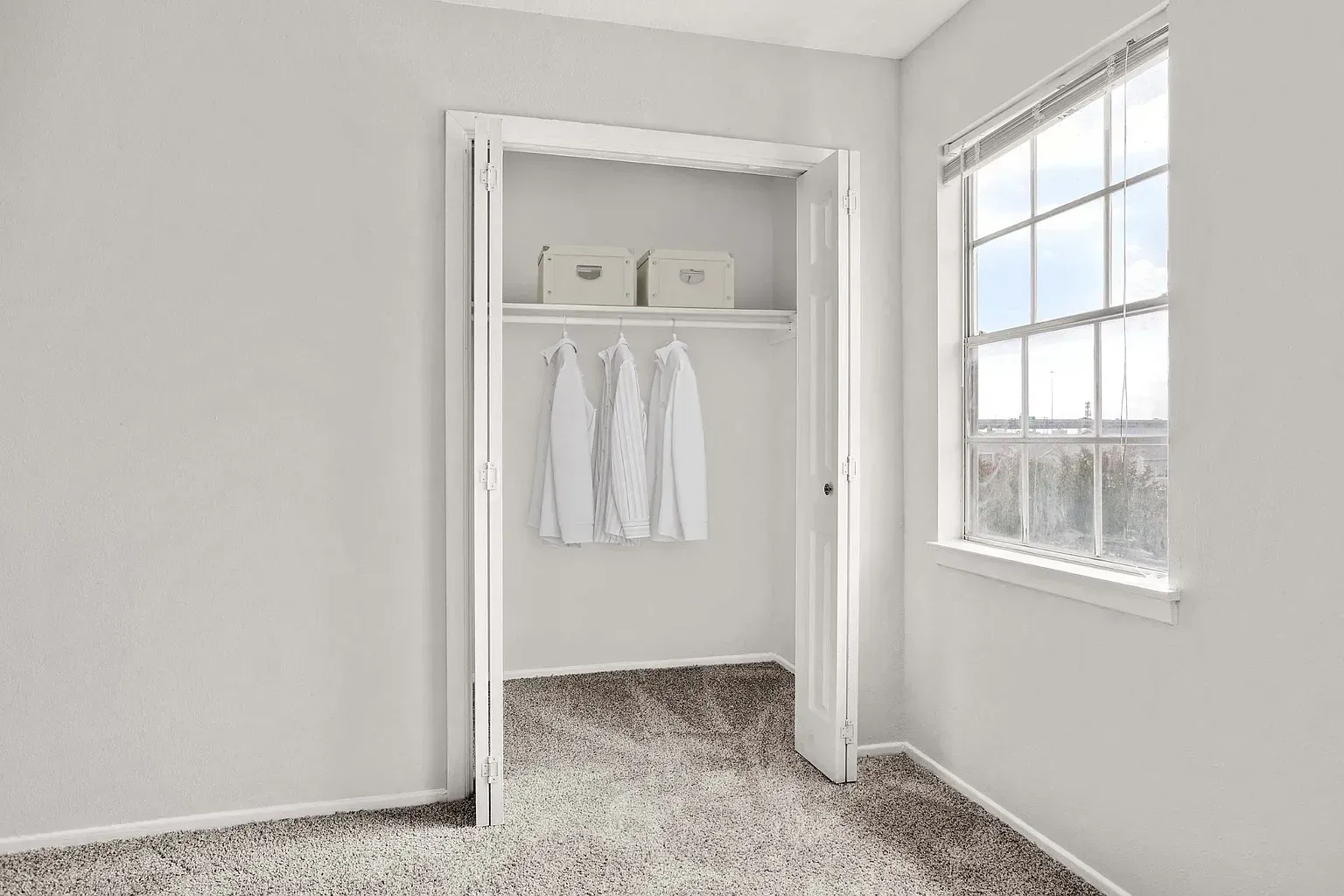Closet interior with a hanging rod, two storage boxes, and white bi-fold doors in a carpeted room.
