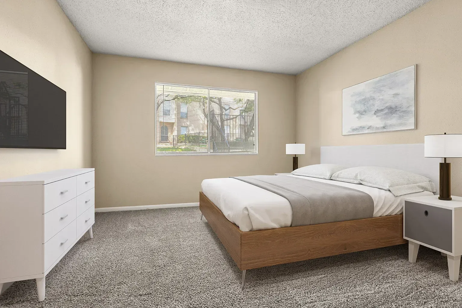 Bedroom in an apartment with a wooden platform bed, white dresser, two lamps, and a window.