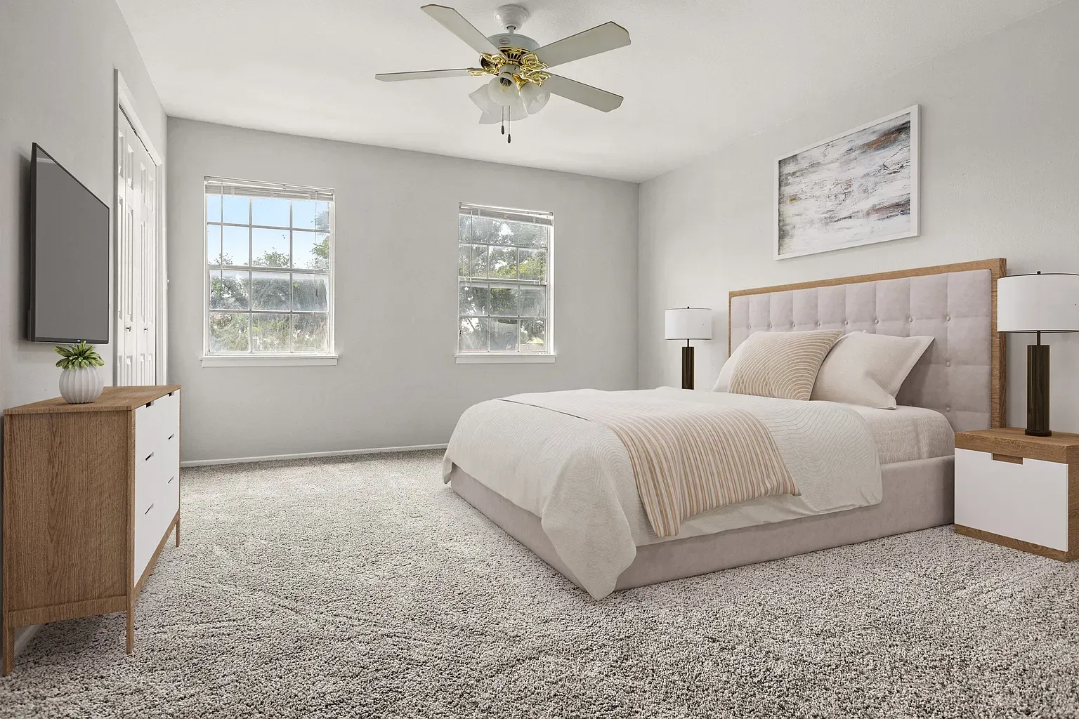 A modern bedroom with a queen bed, two nightstands, dresser, lamps, and two windows.